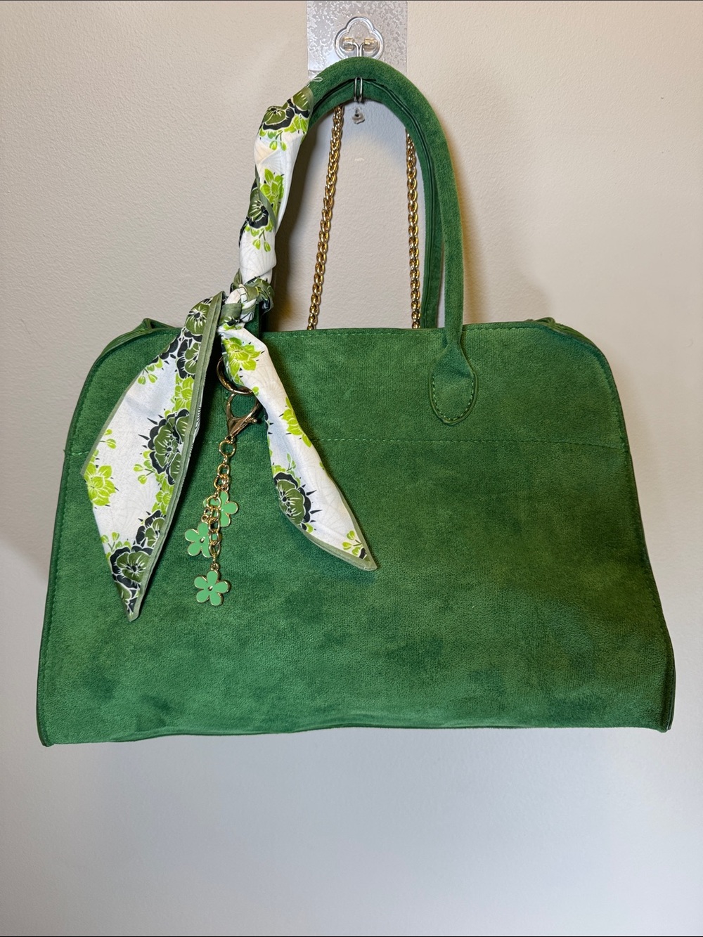 Emerald Green Faux Suede Satchel Tote Gold Chain Scarf Charm